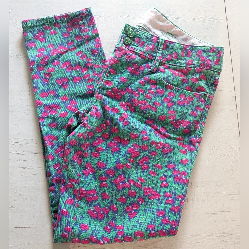 Lilly Pulitzer Worth Skinny Mini Jeans Size 4 Floral Green Pink Low Rise